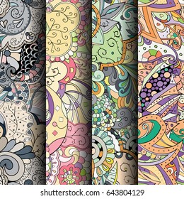 Set of tracery colorful seamless patterns. Vertical stripes. Curved doodling backgrounds for textile or printing with mehndi and ethnic motives. Vector