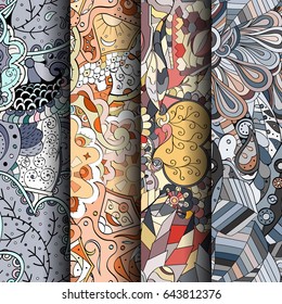 Set of tracery colorful seamless patterns. Vertical stripes. Curved doodling backgrounds for textile or printing with mehndi and ethnic motives. Vector