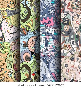 Set of tracery colorful seamless patterns. Vertical stripes. Curved doodling backgrounds for textile or printing with mehndi and ethnic motives. Vector
