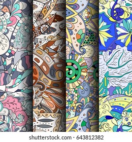 Set of tracery colorful seamless patterns. Vertical stripes. Curved doodling backgrounds for textile or printing with mehndi and ethnic motives. Vector