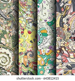 Set of tracery colorful seamless patterns. Vertical stripes. Curved doodling backgrounds for textile or printing with mehndi and ethnic motives. Vector