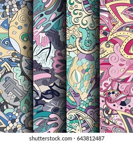 Set of tracery colorful seamless patterns. Vertical stripes. Curved doodling backgrounds for textile or printing with mehndi and ethnic motives. Vector