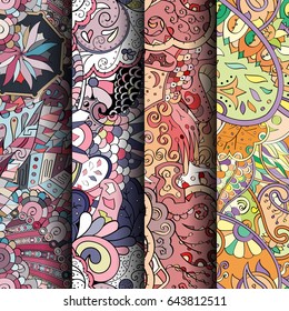 Set of tracery colorful seamless patterns. Vertical stripes. Curved doodling backgrounds for textile or printing with mehndi and ethnic motives. Vector