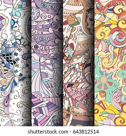Set of tracery colorful seamless patterns. Vertical stripes. Curved doodling backgrounds for textile or printing with mehndi and ethnic motives. Vector