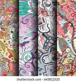Set of tracery colorful seamless patterns. Vertical stripes. Curved doodling backgrounds for textile or printing with mehndi and ethnic motives. Vector