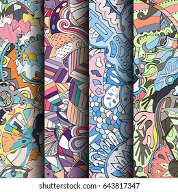 Set of tracery colorful seamless patterns. Vertical stripes. Curved doodling backgrounds for textile or printing with mehndi and ethnic motives. Vector