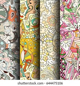 Set of tracery colorful seamless patterns. Vertical stripes. Curved doodling backgrounds for textile or printing with mehndi and ethnic motives. Vector
