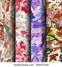 Set of tracery colorful seamless patterns. Vertical stripes. Curved doodling backgrounds for textile or printing with mehndi and ethnic motives. Vector