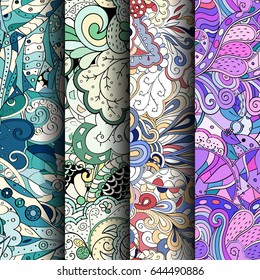 Set of tracery colorful seamless patterns. Vertical stripes. Curved doodling backgrounds for textile or printing with mehndi and ethnic motives. Vector