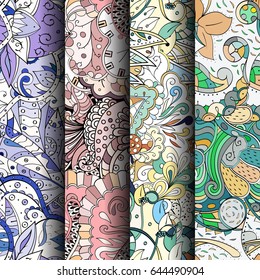 Set of tracery colorful seamless patterns. Vertical stripes. Curved doodling backgrounds for textile or printing with mehndi and ethnic motives. Vector