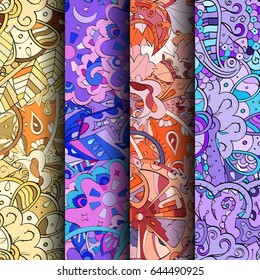 Set of tracery colorful seamless patterns. Vertical stripes. Curved doodling backgrounds for textile or printing with mehndi and ethnic motives. Vector