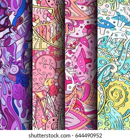 Set of tracery colorful seamless patterns. Vertical stripes. Curved doodling backgrounds for textile or printing with mehndi and ethnic motives. Vector