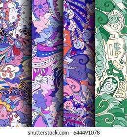 Set of tracery colorful seamless patterns. Vertical stripes. Curved doodling backgrounds for textile or printing with mehndi and ethnic motives. Vector