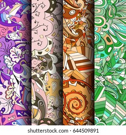 Set of tracery colorful seamless patterns. Vertical stripes. Curved doodling backgrounds for textile or printing with mehndi and ethnic motives. Vector