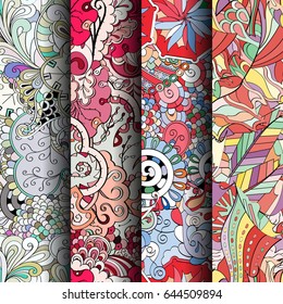 Set of tracery colorful seamless patterns. Vertical stripes. Curved doodling backgrounds for textile or printing with mehndi and ethnic motives. Vector