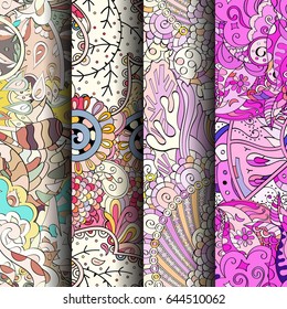 Set of tracery colorful seamless patterns. Vertical stripes. Curved doodling backgrounds for textile or printing with mehndi and ethnic motives. Vector