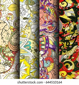 Set of tracery colorful seamless patterns. Vertical stripes. Curved doodling backgrounds for textile or printing with mehndi and ethnic motives. Vector