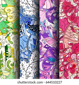 Set of tracery colorful seamless patterns. Vertical stripes. Curved doodling backgrounds for textile or printing with mehndi and ethnic motives. Vector