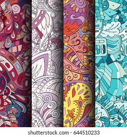 Set of tracery colorful seamless patterns. Vertical stripes. Curved doodling backgrounds for textile or printing with mehndi and ethnic motives. Vector