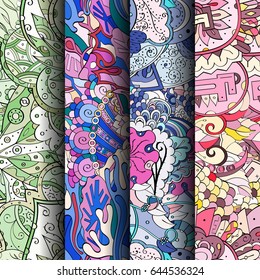 Set of tracery colorful seamless patterns. Vertical stripes. Curved doodling backgrounds for textile or printing with mehndi and ethnic motives. Vector