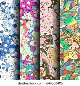 Set of tracery colorful seamless patterns. Vertical stripes. Curved doodling backgrounds for textile or printing with mehndi and ethnic motives. Vector