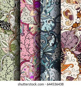 Set of tracery colorful seamless patterns. Vertical stripes. Curved doodling backgrounds for textile or printing with mehndi and ethnic motives. Vector