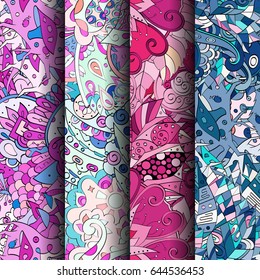 Set of tracery colorful seamless patterns. Vertical stripes. Curved doodling backgrounds for textile or printing with mehndi and ethnic motives. Vector