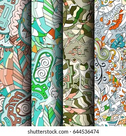 Set of tracery colorful seamless patterns. Vertical stripes. Curved doodling backgrounds for textile or printing with mehndi and ethnic motives. Vector