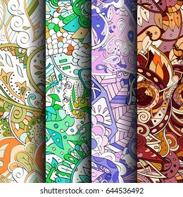 Set of tracery colorful seamless patterns. Vertical stripes. Curved doodling backgrounds for textile or printing with mehndi and ethnic motives. Vector