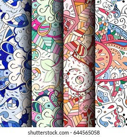 Set of tracery colorful seamless patterns. Vertical stripes. Curved doodling backgrounds for textile or printing with mehndi and ethnic motives. Vector