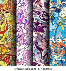 Set of tracery colorful seamless patterns. Vertical stripes. Curved doodling backgrounds for textile or printing with mehndi and ethnic motives. Vector