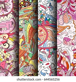 Set of tracery colorful seamless patterns. Vertical stripes. Curved doodling backgrounds for textile or printing with mehndi and ethnic motives. Vector