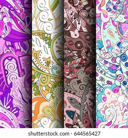 Set of tracery colorful seamless patterns. Vertical stripes. Curved doodling backgrounds for textile or printing with mehndi and ethnic motives. Vector