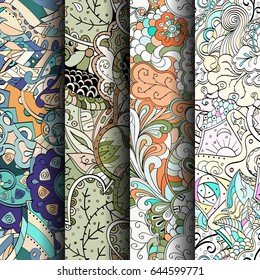 Set of tracery colorful seamless patterns. Vertical stripes. Curved doodling backgrounds for textile or printing with mehndi and ethnic motives. Vector