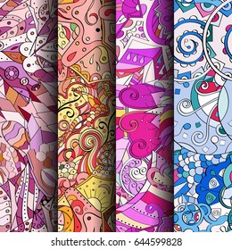Set of tracery colorful seamless patterns. Vertical stripes. Curved doodling backgrounds for textile or printing with mehndi and ethnic motives. Vector