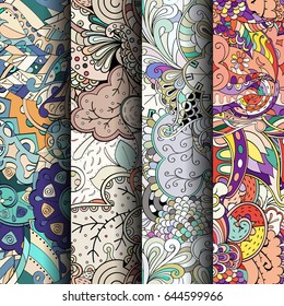 Set of tracery colorful seamless patterns. Vertical stripes. Curved doodling backgrounds for textile or printing with mehndi and ethnic motives. Vector