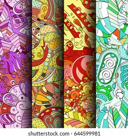 Set of tracery colorful seamless patterns. Vertical stripes. Curved doodling backgrounds for textile or printing with mehndi and ethnic motives. Vector