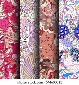 Set of tracery colorful seamless patterns. Vertical stripes. Curved doodling backgrounds for textile or printing with mehndi and ethnic motives. Vector