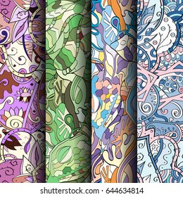 Set of tracery colorful seamless patterns. Vertical stripes. Curved doodling backgrounds for textile or printing with mehndi and ethnic motives. Vector