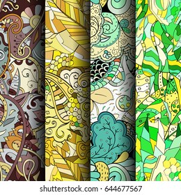 Set of tracery colorful seamless patterns. Vertical stripes. Curved doodling backgrounds for textile or printing with mehndi and ethnic motives. Vector