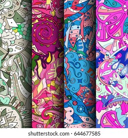 Set of tracery colorful seamless patterns. Vertical stripes. Curved doodling backgrounds for textile or printing with mehndi and ethnic motives. Vector