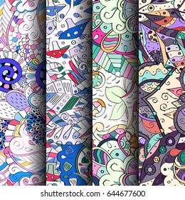 Set of tracery colorful seamless patterns. Vertical stripes. Curved doodling backgrounds for textile or printing with mehndi and ethnic motives. Vector