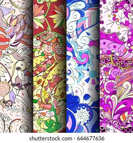 Set of tracery colorful seamless patterns. Vertical stripes. Curved doodling backgrounds for textile or printing with mehndi and ethnic motives. Vector