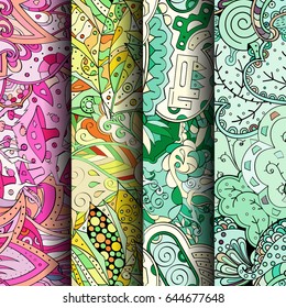 Set of tracery colorful seamless patterns. Vertical stripes. Curved doodling backgrounds for textile or printing with mehndi and ethnic motives. Vector