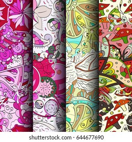 Set of tracery colorful seamless patterns. Vertical stripes. Curved doodling backgrounds for textile or printing with mehndi and ethnic motives. Vector