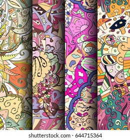 Set of tracery colorful seamless patterns. Vertical stripes. Curved doodling backgrounds for textile or printing with mehndi and ethnic motives. Vector