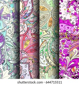 Set of tracery colorful seamless patterns. Vertical stripes. Curved doodling backgrounds for textile or printing with mehndi and ethnic motives. Vector