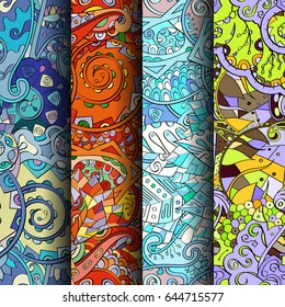 Set of tracery colorful seamless patterns. Vertical stripes. Curved doodling backgrounds for textile or printing with mehndi and ethnic motives. Vector