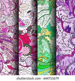 Set of tracery colorful seamless patterns. Vertical stripes. Curved doodling backgrounds for textile or printing with mehndi and ethnic motives. Vector