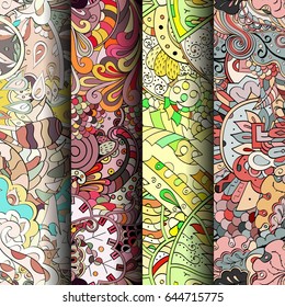 Set of tracery colorful seamless patterns. Vertical stripes. Curved doodling backgrounds for textile or printing with mehndi and ethnic motives. Vector